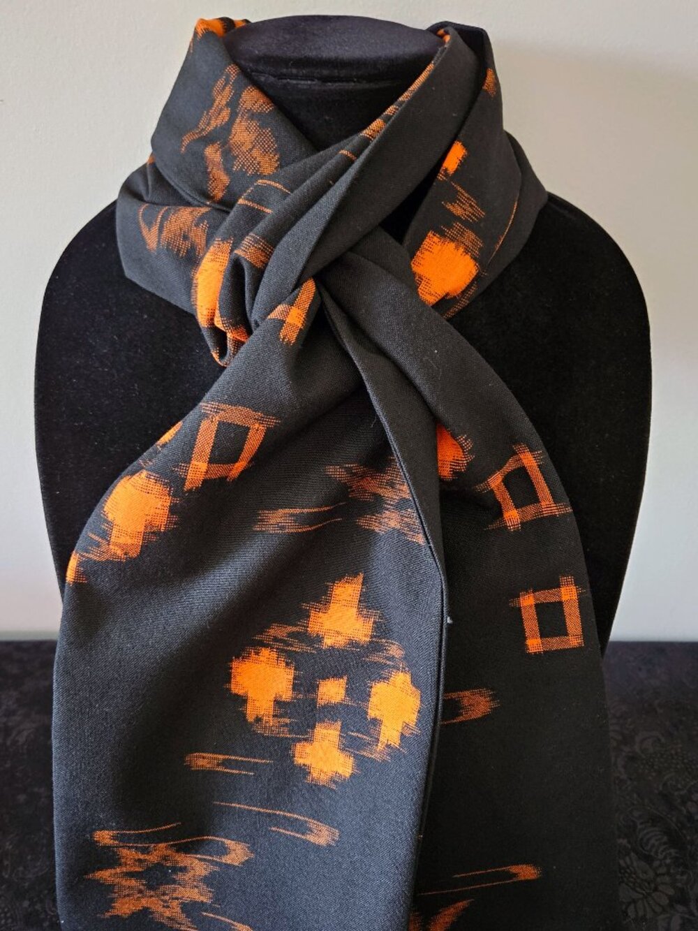 Japanese Kimono Scarf S5837 - Black and Orange Kasuri Dyed Wool